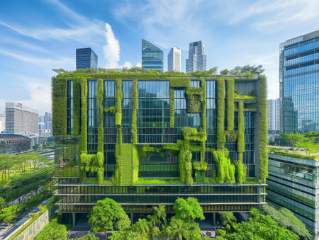 A contemporary building features a vertical garden with lush greenery covering its facade, set against a cityscape with skyscrapers and a blue sky.の素材