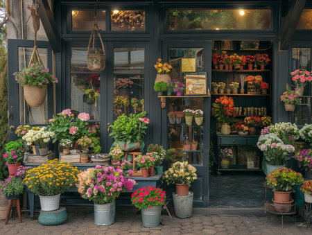A quaint flower shop with a variety of vibrant flowers in pots and baskets, displayed outside and inside.の素材