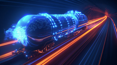 A high-speed futuristic train, glowing with blue neon lights, races through a tunnel illuminated by vibrant orange and blue streaks.の素材