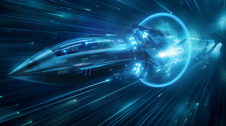 A sleek, high-tech spaceship speeds through space, entering a glowing wormhole, with a silhouette of a figure nearby.の素材