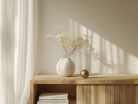 A minimalist wooden shelf holds a white vase with dried flowers, a small golden sphere, and stacked books. Soft light filters through sheer curtains.の素材