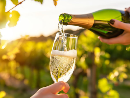 A hand pours champagne from a green bottle into a flute glass, with a vineyard and sunset in the background.の素材