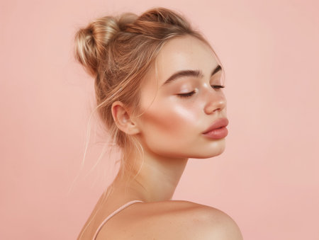 A serene woman with glowing skin and closed eyes poses against a soft pink background, showcasing her natural beauty.の素材