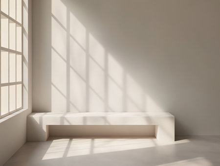 A minimalist white bench sits in a sunlit room, with geometric shadows cast by a large window.の素材