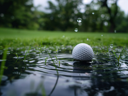 A golf ball rests in a puddle on a grassy field, with raindrops creating ripples around it. The background is blurred, highlighting the ball and water.の素材