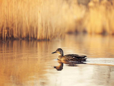 A duck glides smoothly on calm water, surrounded by golden reeds reflecting the warm sunset light.の素材