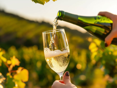A hand pours sparkling wine from a green bottle into a glass, with a vineyard in the background.の素材