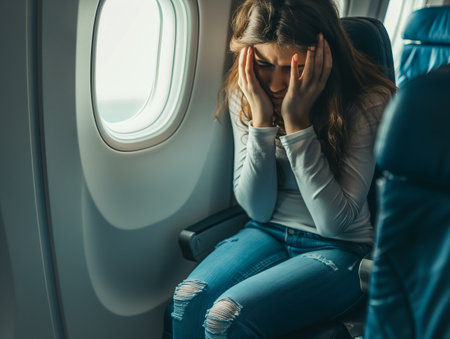 A woman sits in an airplane seat by the window, holding her head in distress, wearing a white top and ripped jeans.の素材