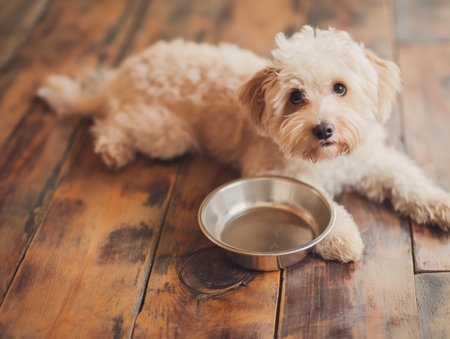 A fluffy, light-colored dog lies on a wooden floor, looking up with a stainless steel bowl in front of it.の素材