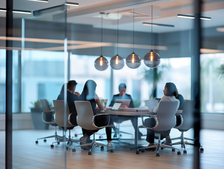 A group of professionals engaged in a meeting around a conference table in a modern office with glass walls and stylish lighting.の素材