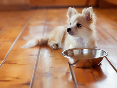 A small, fluffy dog with light fur lies on a polished wooden floor, looking to the side. A shiny metal bowl is placed in front of it.の素材