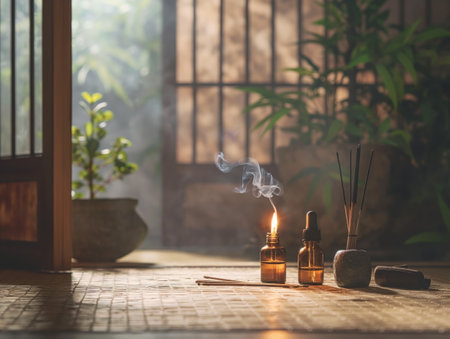 A serene scene with essential oil bottles, incense sticks, and a small plant in a Zen garden setting.の素材
