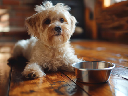 A fluffy, light-colored dog lies on a polished wooden floor next to an empty metal bowl, looking up.の素材