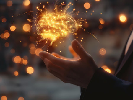 A glowing, digital brain hovers above a hand, surrounded by warm bokeh lights, symbolizing innovation and intelligence.の素材