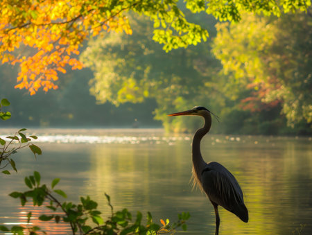 A heron stands gracefully by a serene lake, surrounded by lush foliage with golden and green leaves, bathed in the warm glow of the setting sun.の素材