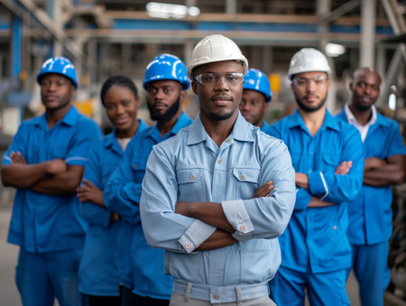 A group of industrial workers in blue uniforms and safety gear stand confidently in a factory setting.の素材