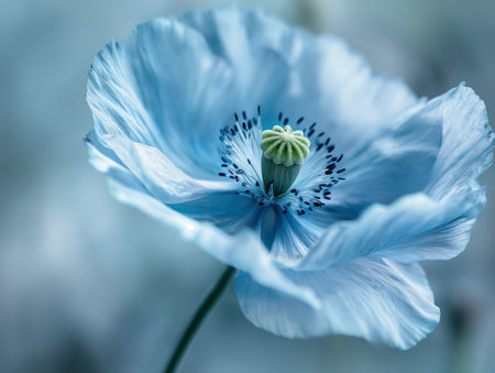 A close-up of a delicate blue flower with soft petals and a green center, set against a blurred background.の素材