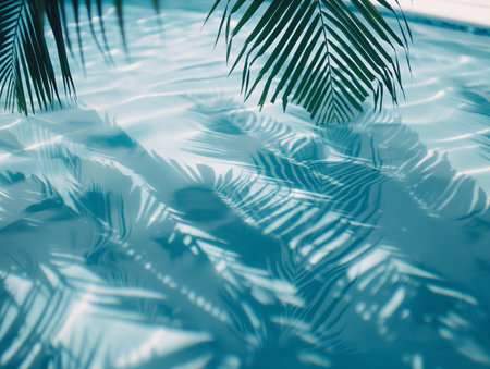 Palm leaves cast intricate shadows on the rippling surface of a clear blue pool, creating a serene and tropical atmosphere.の素材