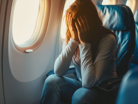 A woman sits in an airplane seat, covering her face with her hands, appearing distressed or anxious.の素材