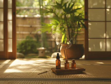 A serene Japanese room with shoji doors, tatami mats, and a tray of essential oils and incense sticks emitting smoke.の素材
