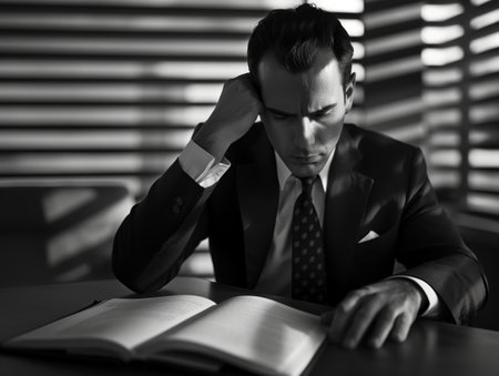 A man in a suit sits at a table, deeply focused on reading a book. The room is dimly lit with shadows cast by blinds.の素材