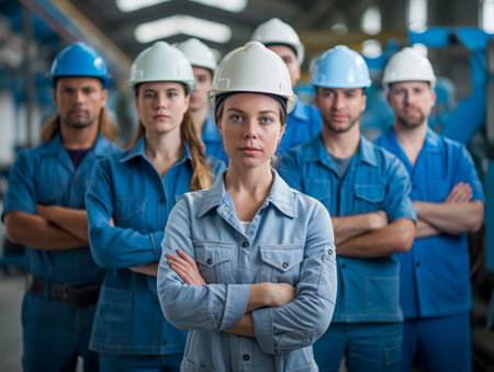 A group of industrial workers in blue uniforms and safety helmets stand confidently with arms crossed in a factory setting.の素材