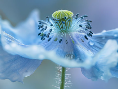 A detailed macro shot of a blue flowers center, showcasing its delicate petals, stamens, and dew drops.の素材