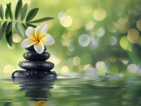 A stack of black stones with a white and yellow flower on top, set in calm water with a green, bokeh background.の素材
