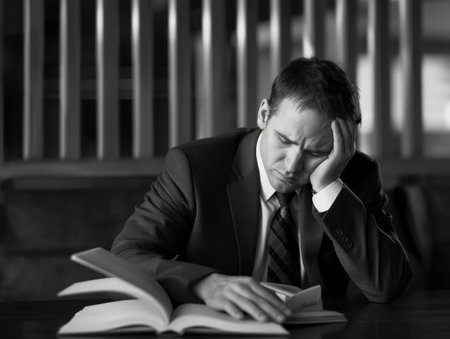 A man in a suit, looking tired and stressed, rests his head on his hand while reading a book.の素材