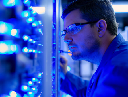 A focused technician wearing safety glasses examines a panel of blue LED lights in a dimly lit environment.の素材