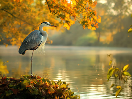A heron stands gracefully on one leg by a serene lake, surrounded by vibrant autumn foliage.の素材