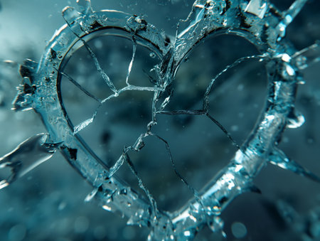 A close-up of a shattered glass heart, with sharp fragments and a blurred background, symbolizing broken emotions.の素材
