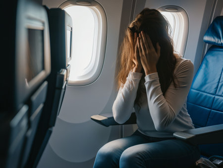 A woman in a white shirt and jeans sits in an airplane seat, covering her face with her hands, appearing distressed.の素材