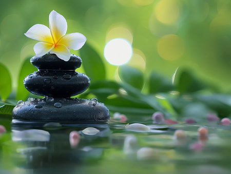 A stack of black zen stones with water droplets, topped with a white and yellow plumeria flower, surrounded by green leaves and floating petals.の素材