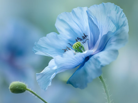 Close-up of a delicate blue flower with soft petals and a green bud, set against a blurred background.の素材