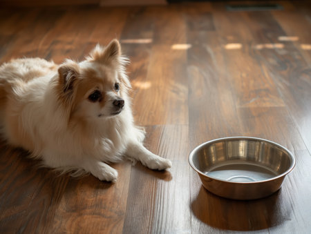 A fluffy dog lies on a wooden floor, gazing at an empty metal bowl, possibly waiting for food.の素材