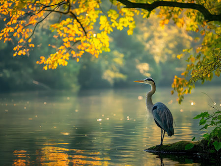 A heron stands gracefully by a serene lake, surrounded by autumn foliage with golden leaves reflecting on the water.の素材