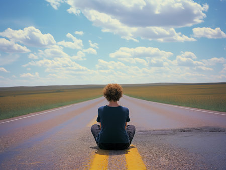 A person with curly hair sits cross-legged on an empty road, surrounded by vast fields under a bright blue sky with scattered clouds.の素材