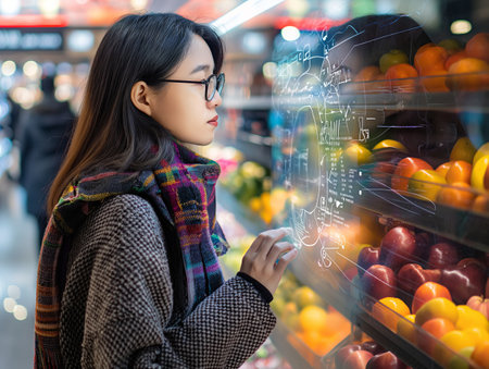 A woman in glasses and a colorful scarf interacts with a digital display in a grocery store, examining fresh produce.の素材