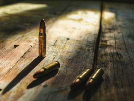 Four bullets lie on a weathered wooden surface, illuminated by sunlight, casting long shadows.の素材