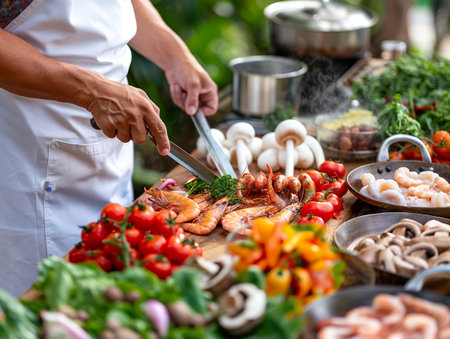 A chef in a white apron prepares fresh shrimp and vegetables on a wooden cutting board, surrounded by an array of colorful ingredients including tomatoes, mushrooms, and greens.の素材