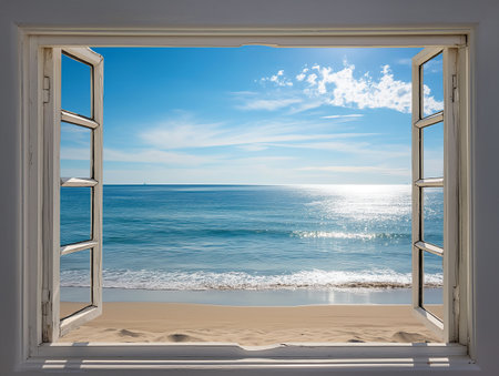 A picturesque view of a tranquil beach and blue ocean seen through an open window, with sunlight reflecting on the water.の素材