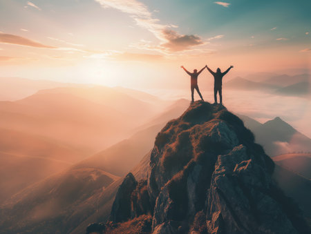 Two individuals stand on a mountain peak, arms raised in celebration, as the sun rises over misty valleys.の素材