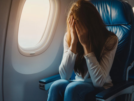 A woman sits in an airplane seat with her head in her hands, appearing distressed. The window beside her shows a soft, natural light.の素材
