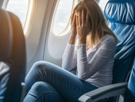 A woman in a white shirt and jeans sits in an airplane seat, covering her face with her hands, appearing distressed.の素材