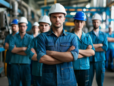 A group of industrial workers in blue uniforms and hard hats stand confidently with arms crossed in a factory setting.の素材