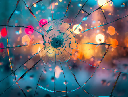 A close-up of shattered glass with a central impact point, set against a vibrant bokeh background of colorful lights.の素材