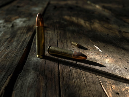 Three bullets, two standing and one lying down, rest on a weathered wooden surface, casting shadows.の素材
