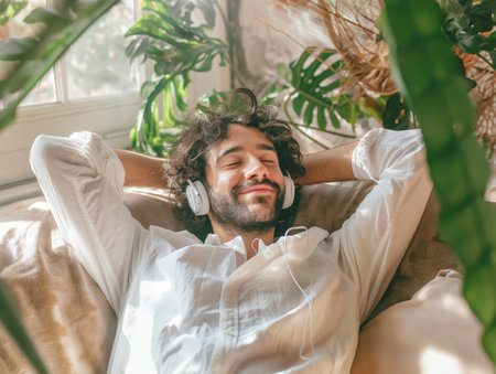 A man in a white shirt relaxes with headphones on, eyes closed, surrounded by lush green plants in a sunlit room.の素材