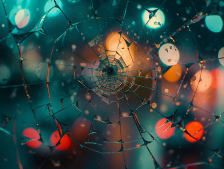 A close-up of cracked glass with colorful bokeh lights in the background, creating a mesmerizing and abstract visual effect.の素材